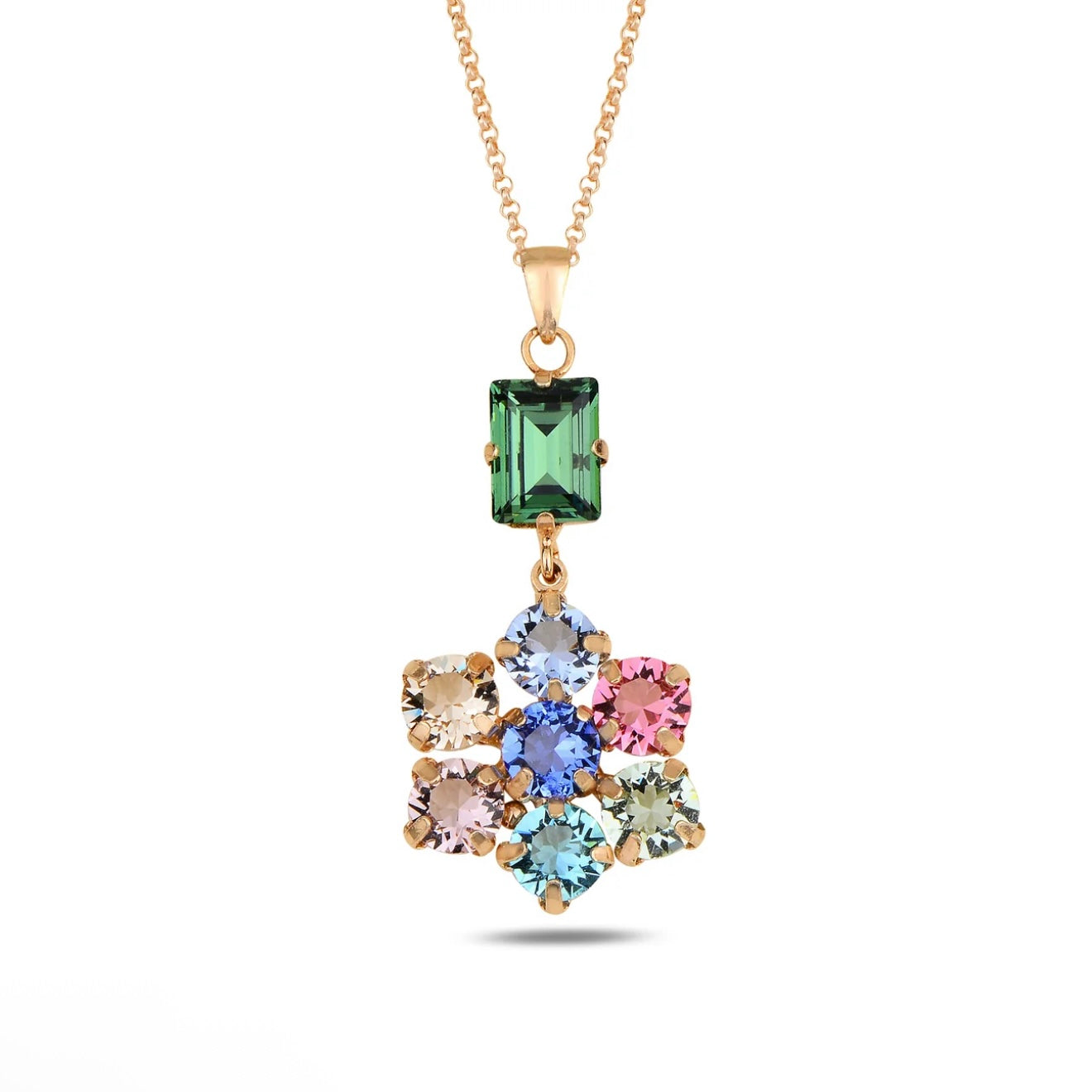 Multicolored Swarovski crystal pendant on a gold chain against a white background