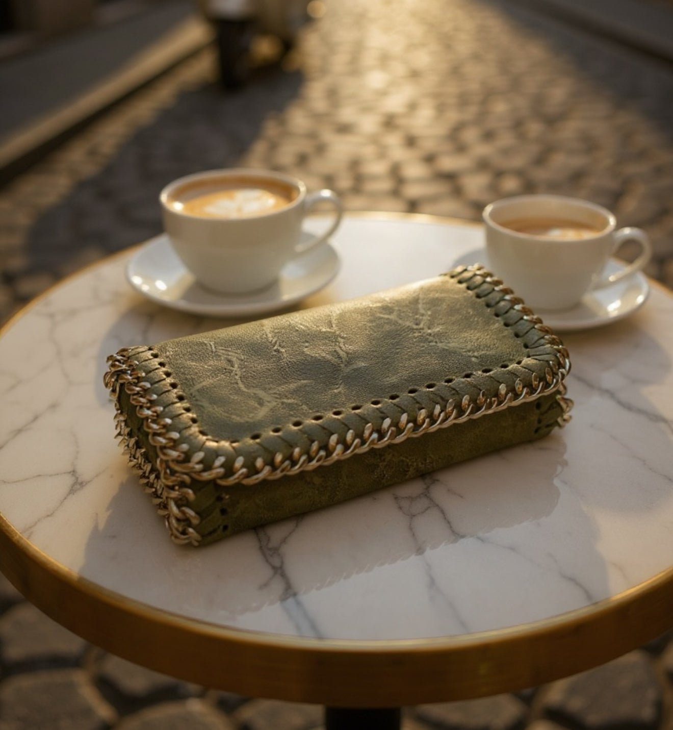 Green textured wallet on a marble table with two cups of coffee.