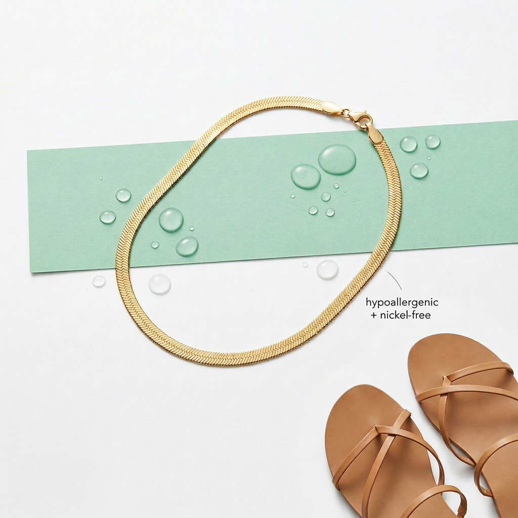 Gold anklet and tan sandals on a white and green background