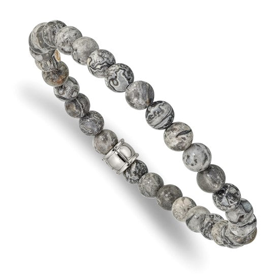 Gray beaded bracelet with a silver clasp on a white background
Material: stainless steel, grey Jasper beads
Color: silver, grey
Closure: infinity, stretch fit
Measurement: 8.5" circumference with 1" additional stretch