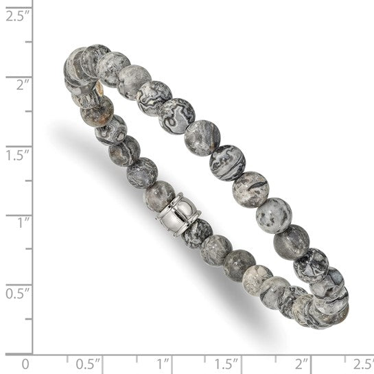 Bracelet with gray beads on a white background with measurement scale
Material: stainless steel, grey Jasper beads
Color: silver, grey
Closure: infinity, stretch fit
Measurement: 8.5" circumference with 1" additional stretch