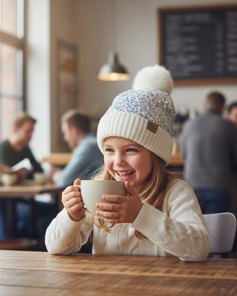 Child in a cozy cafe wearing a warm hat and sweater, holding a mug.