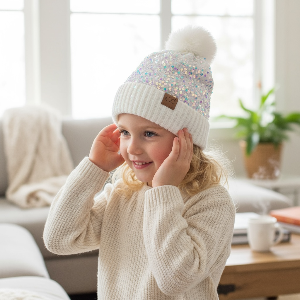 C.C Kids Pom Pom and Sequin Beanie