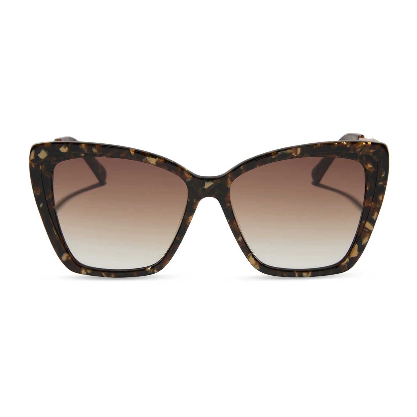 Cat-eye sunglasses with tortoiseshell frame and gradient brown lenses on a white background
