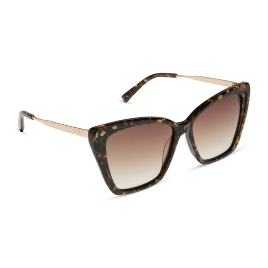 Sunglasses with tortoiseshell frame and gradient lenses on a white background
