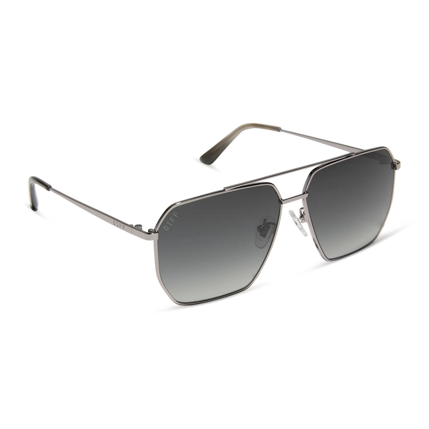 Sunglasses with metallic frame and gradient lenses on a white background