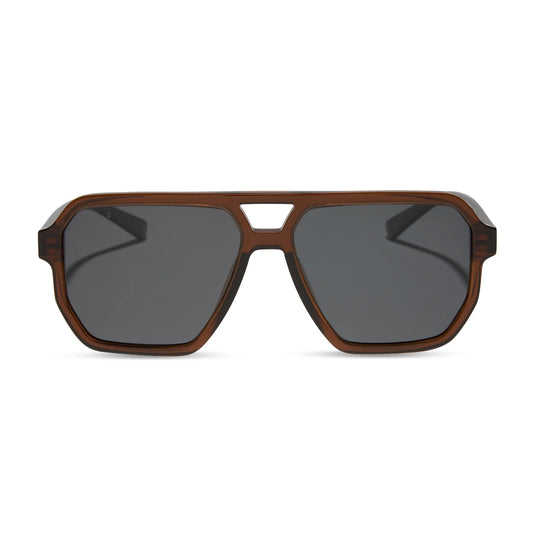 Sunglasses with brown frame and dark lenses on a white background