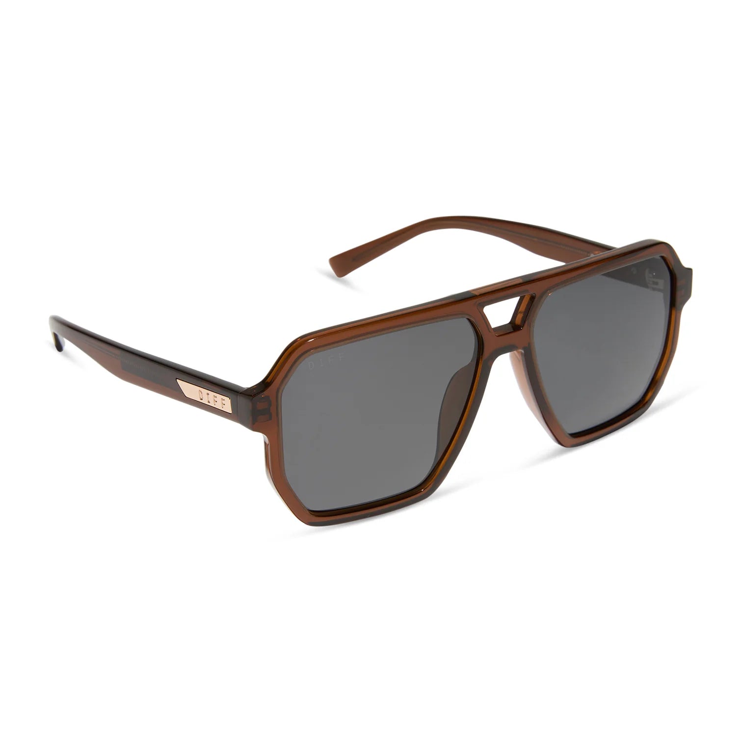 Brown sunglasses with dark lenses on a white background