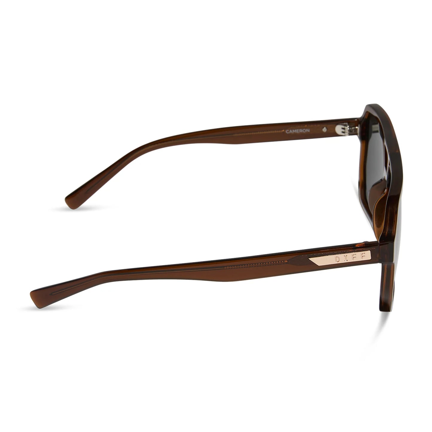 Brown sunglasses with a visible brand logo on a white background