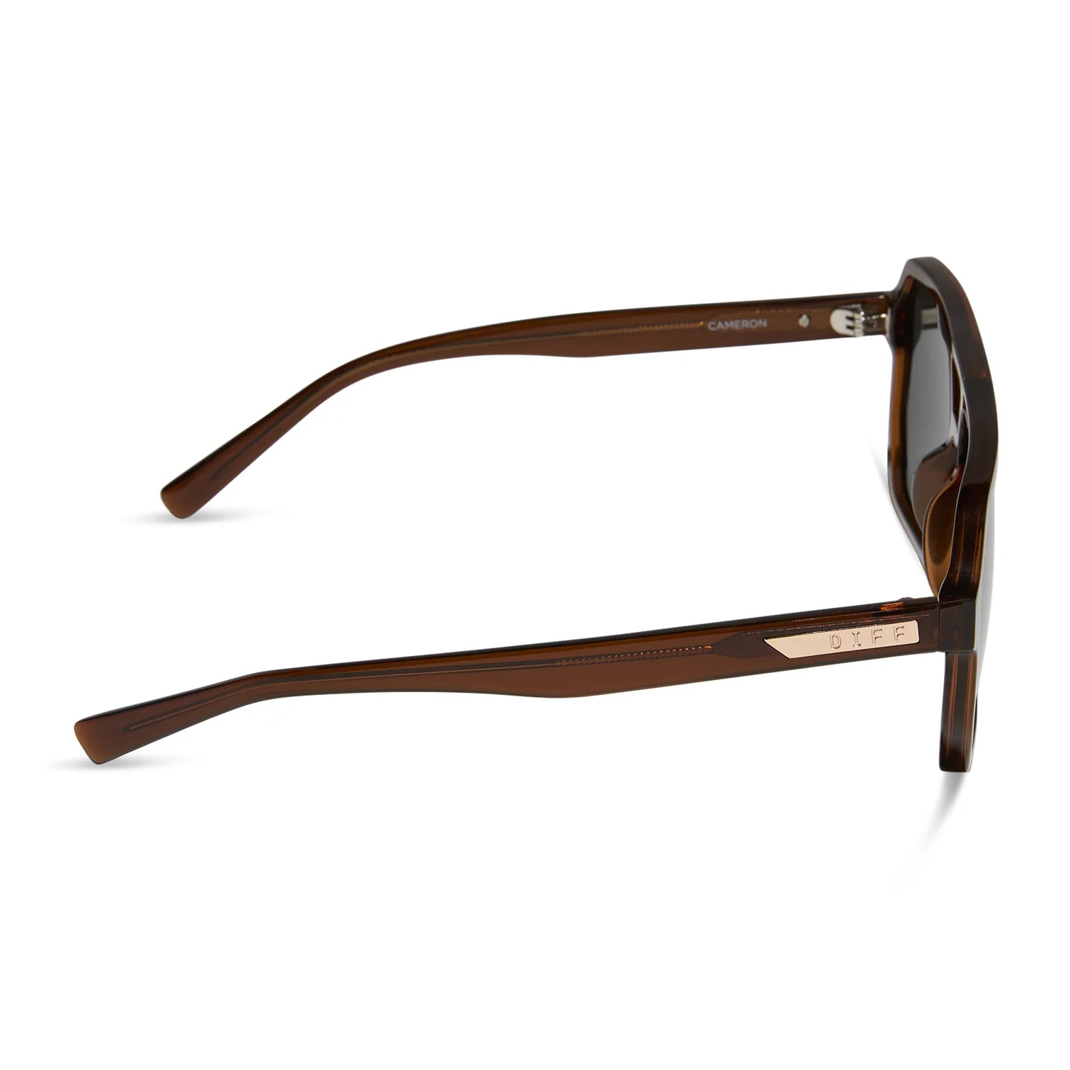 Brown sunglasses with a visible brand logo on a white background