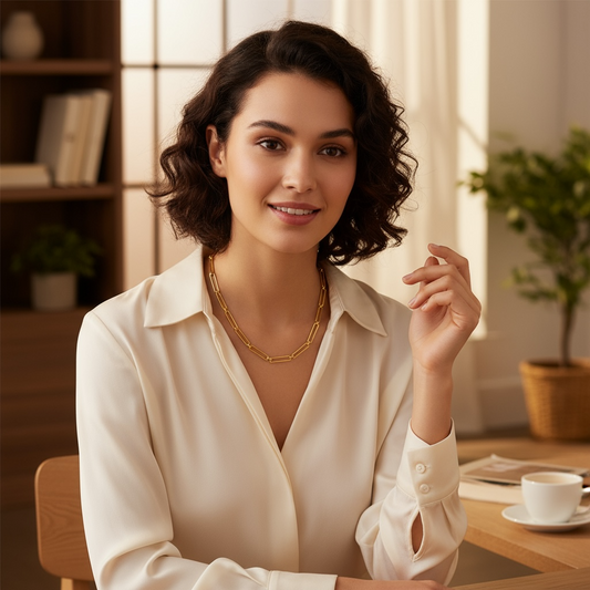 Woman in a cream blouse sitting at a table with a cup of coffee, smiling.