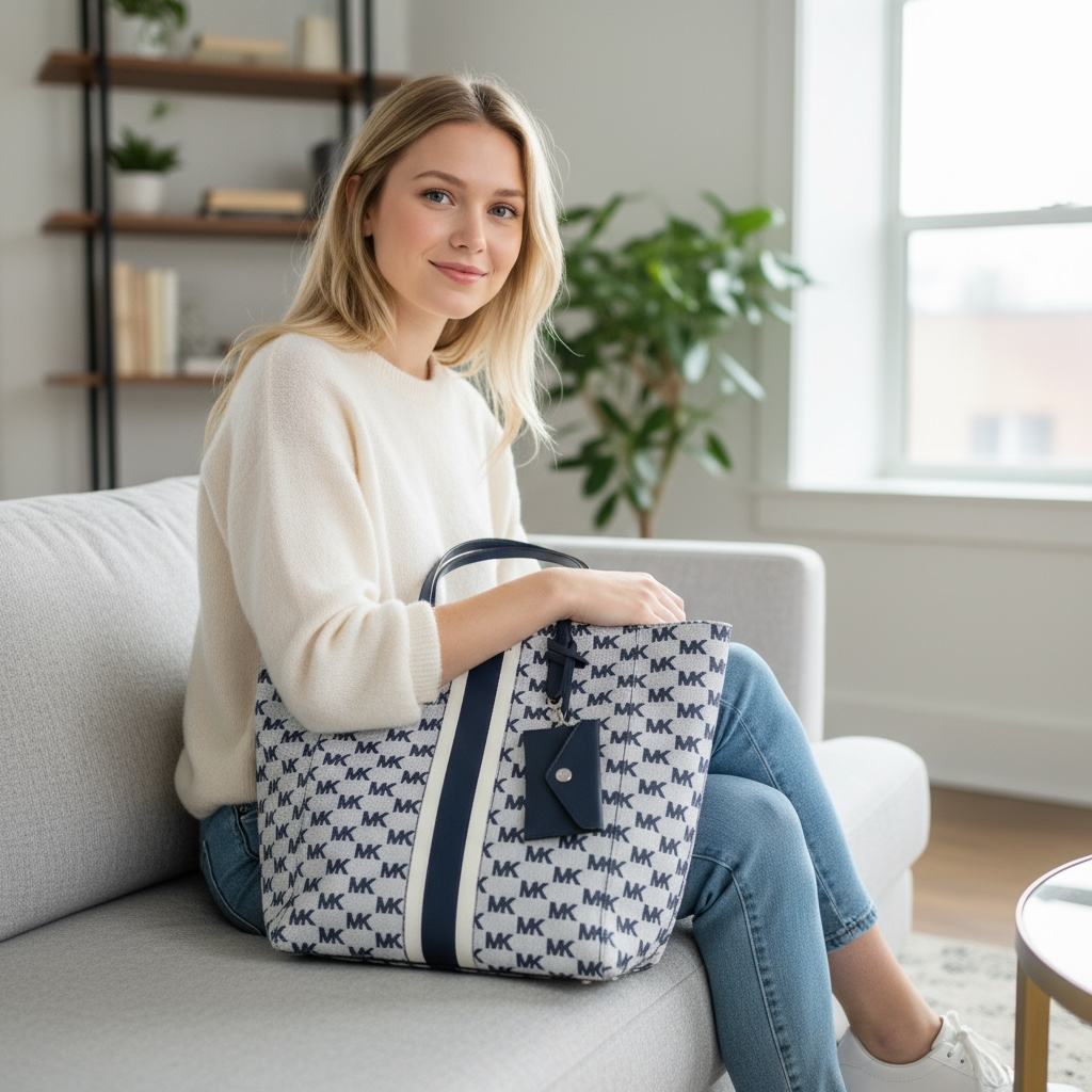 Michael Kors Vincent Large Logo Jacquard Tote W/Card Holder Attachment