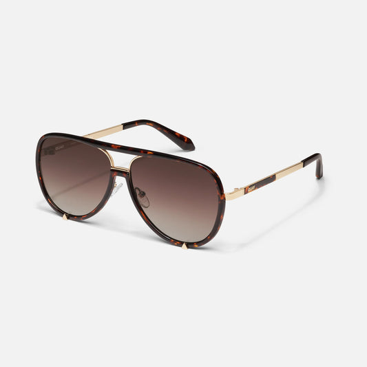 Sunglasses with tortoiseshell frame and brown gradient lenses on a white background