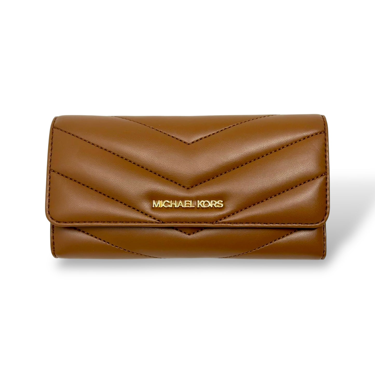 Michael Kors Cognac colored trifold wallet with gold toned logo. Picture features a front facing picture of the closed wallet