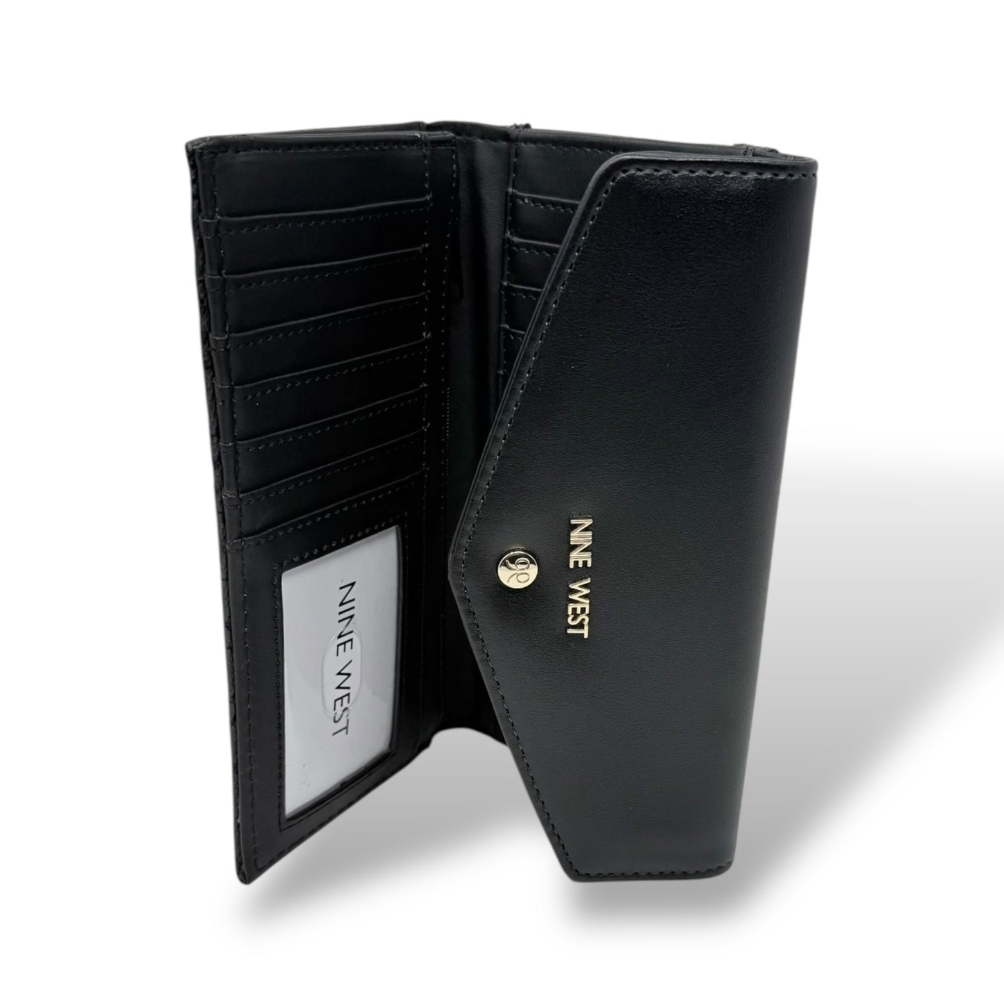 Nine West women’s trifold wallet. Black color with gold toned logo and snap button. Picture featuring the interior of the wallet with the logo