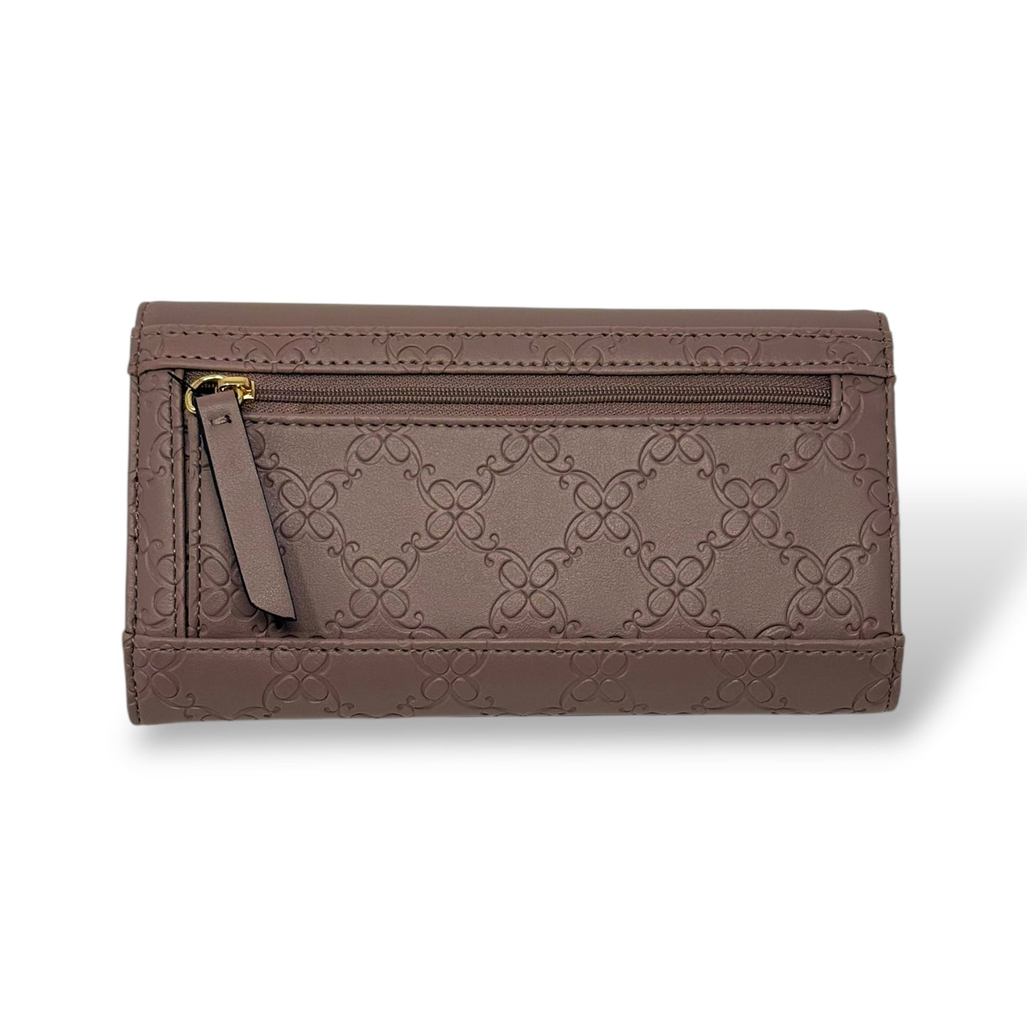 Nine West women’s trifold wallet. Rose quartz color with gold toned logo and snap button. Picture featuring a back view of the wallet showing the zipper for the coin pouch.