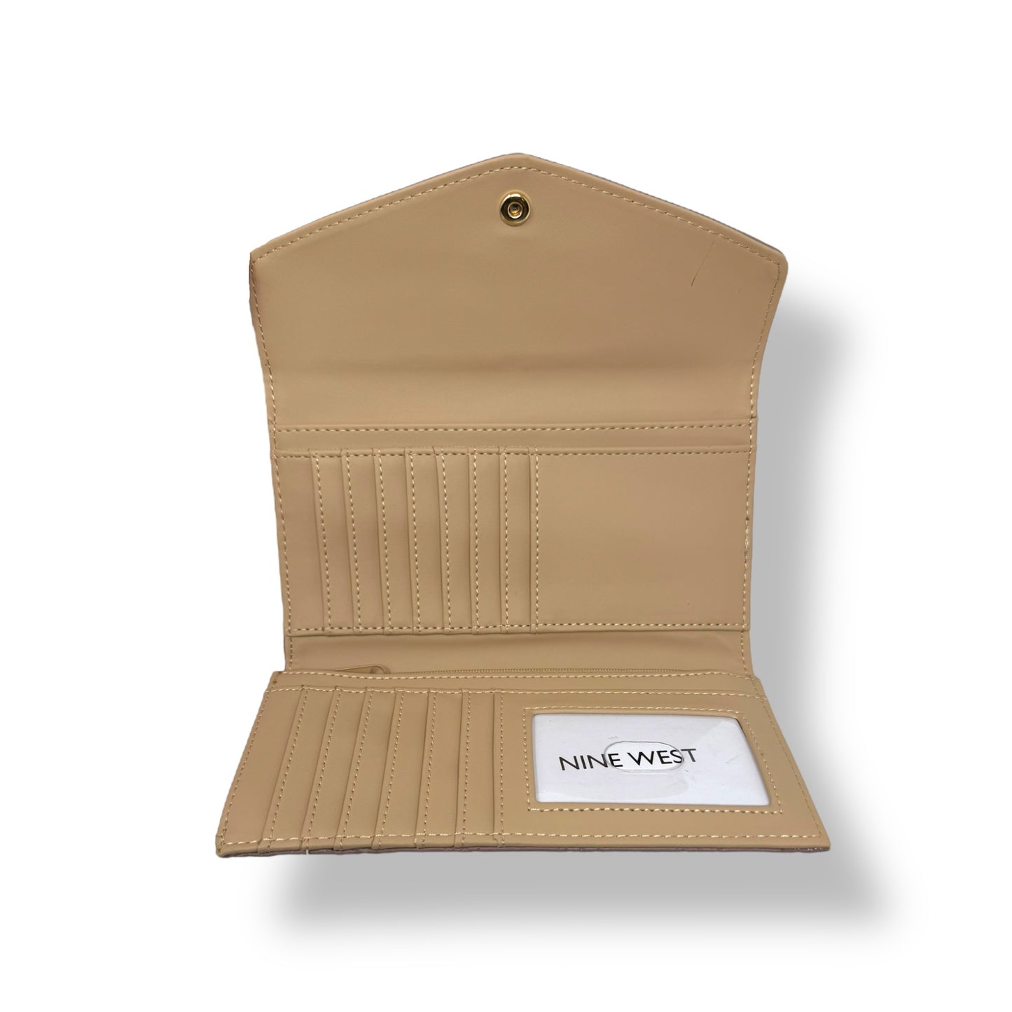Nine West women’s trifold wallet. Rose quartz color with gold toned logo and snap button. Picture featuring the interior of the wallet showing the ID window, card slots and bill compartments