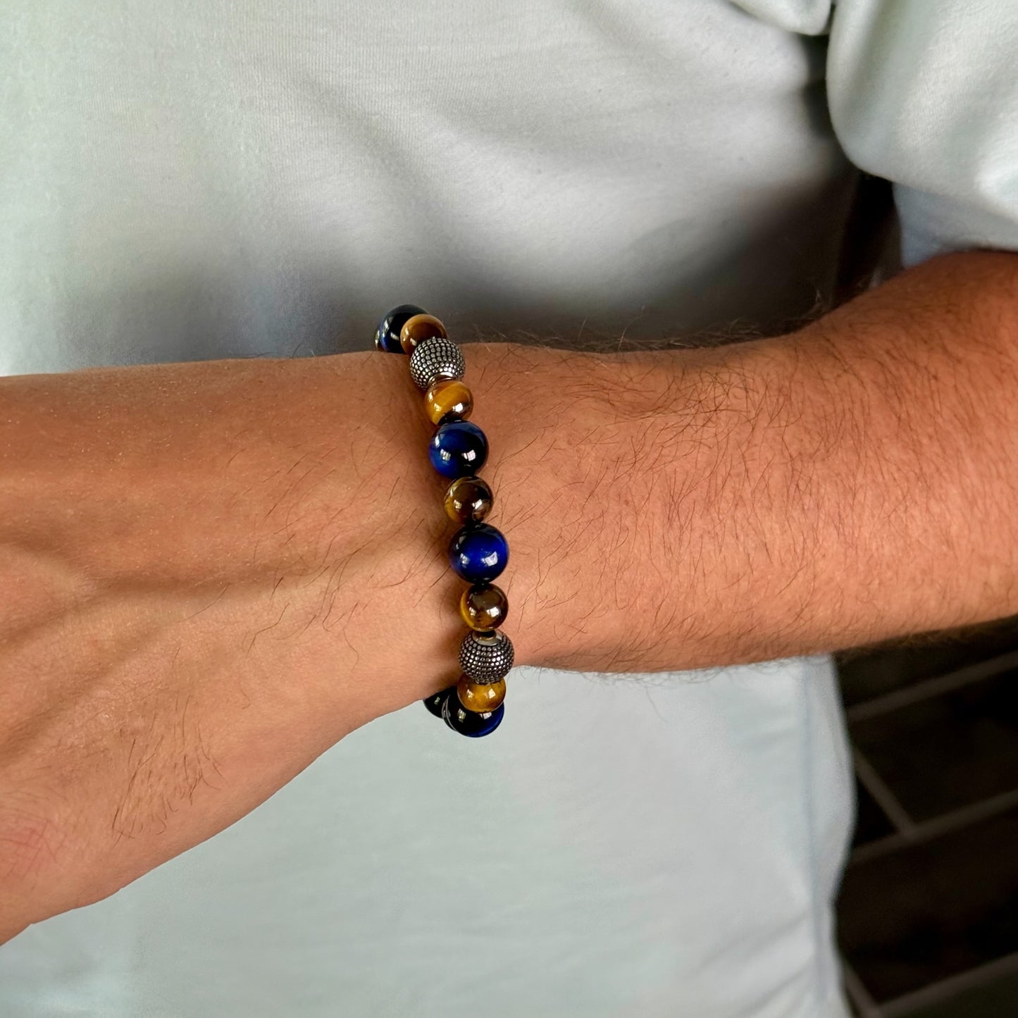 Men's Chisel Stainless Steel Antiqued and Polished Brown and Blue Tiger's Eye Beaded Stretch Bracelet