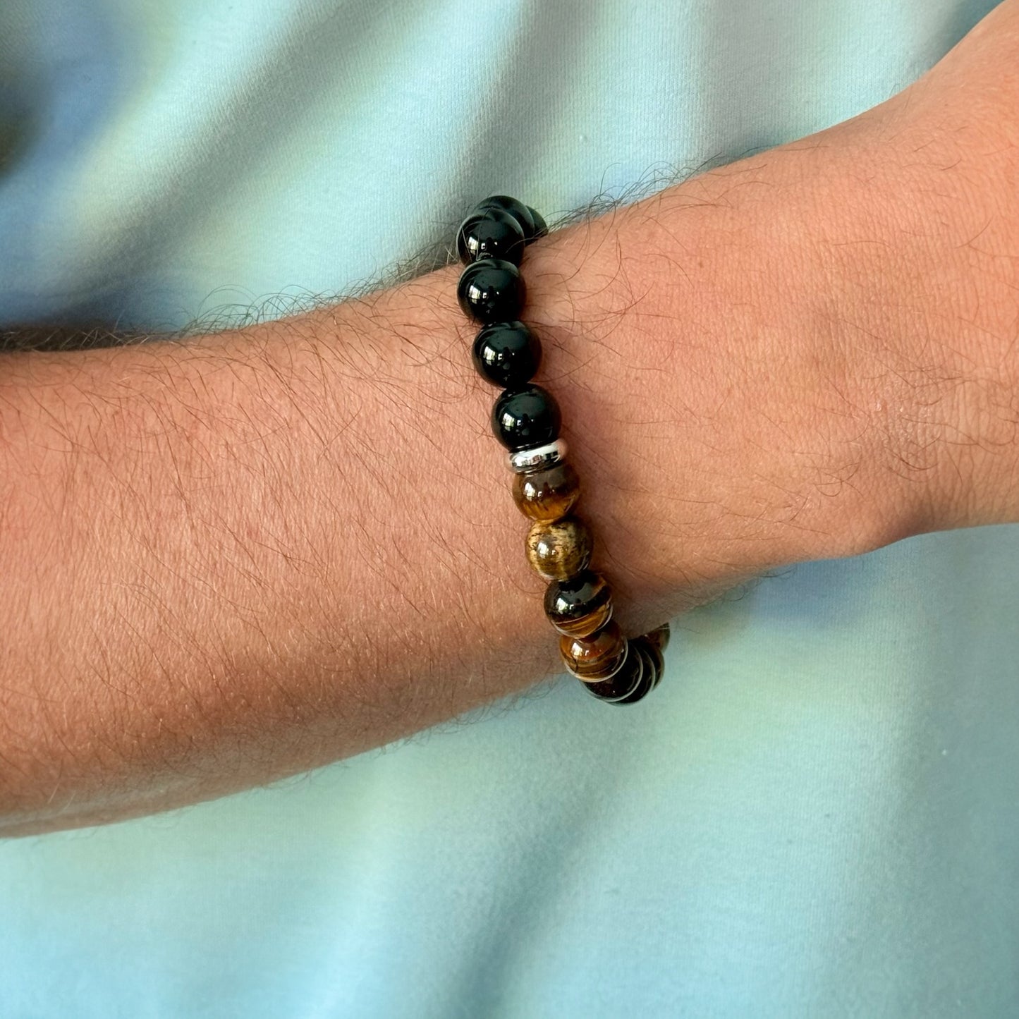 Men's Chisel Stainless Steel Polished 10.5mm Black Agate and Tiger's Eye Beaded Stretch Bracelet