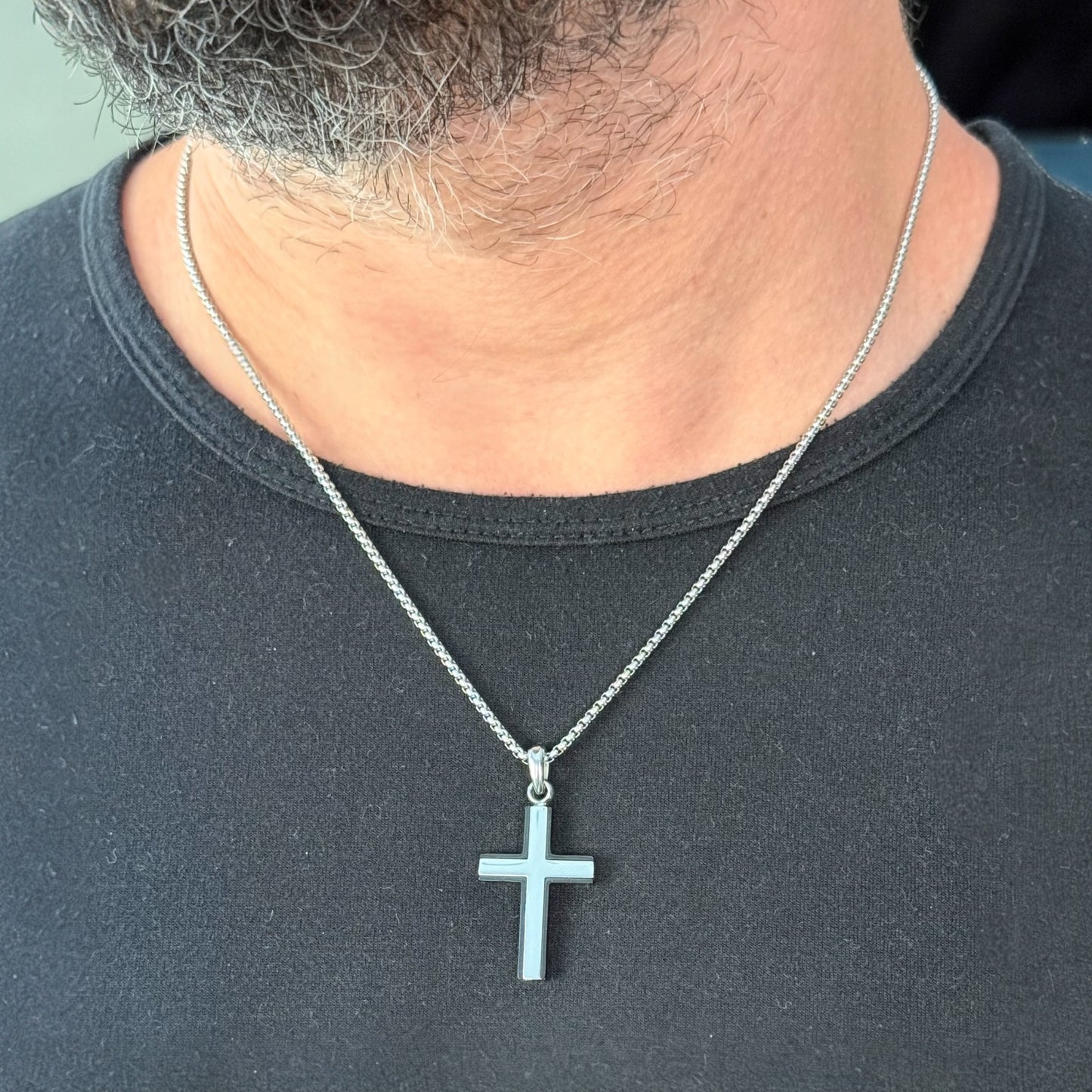 Men's Chisel Stainless Steel Polished Black IP-plated Edges Cross Pendant on a 20 inch Box Chain Necklace