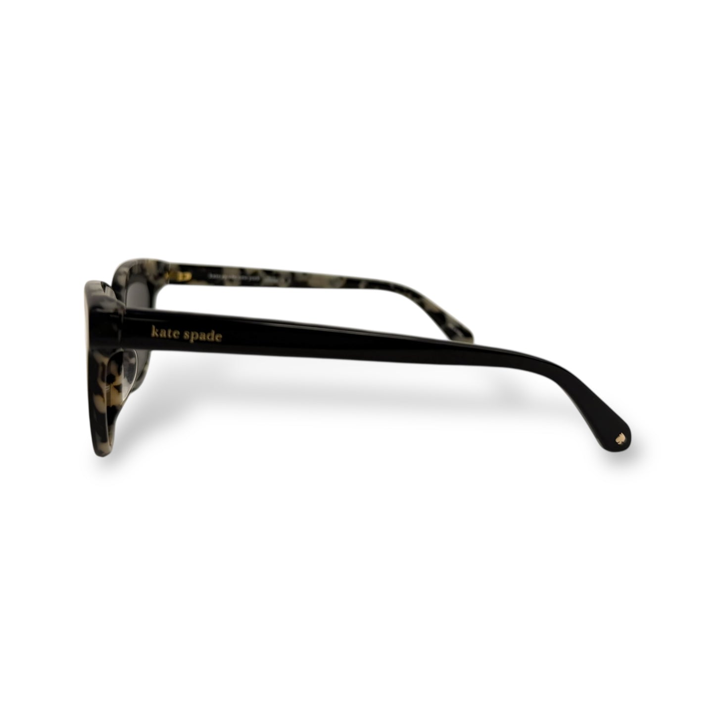 Sunglasses with tortoiseshell frame and 'kate spade' logo on a white background
Kate Spade - Cayenne
Frame style: cat-eye light weight
Frame Color: all black outer frame with a black and brown tortoise shell design inside
Lens Color: black gradient
lens technology: 100% UVA/B sun protection