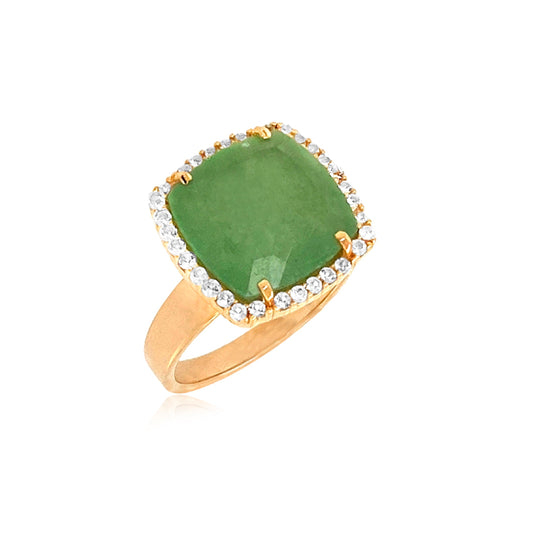 Gold ring with a green gemstone and diamond accents on a white background
18K Yellow Gold Vermeil over 925 Silver - 3.7 grs
Cushion cut Green Quartz - 12mm cushion gemstone w/ 5.6 cts
32 White Topaz round 1.0 mm diamond cut