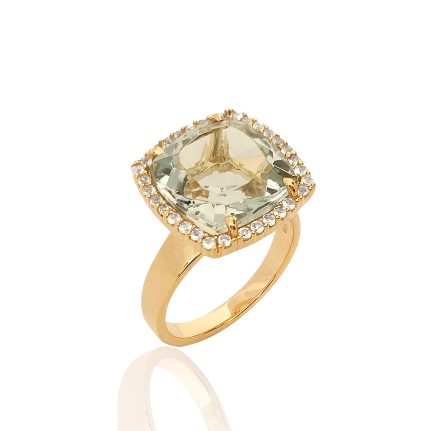 Gold ring with a green gemstone on a white background
18K Yellow Gold Vermeil over 925 Silver - 3.7 grs
Cushion cut Prasiolite - 12mm cushion gemstone w/ 5.6 cts
32 White Topaz round 1.0 mm diamond cut