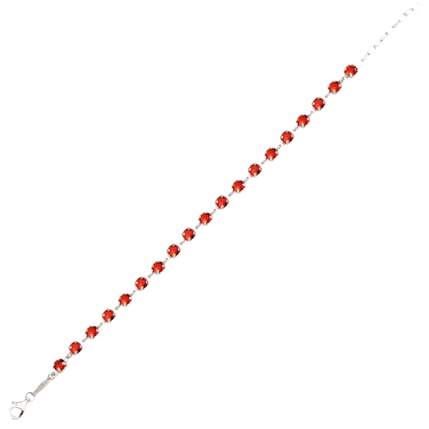 Bracelet with red crystals on a white background
Material: 925 sterling silver, Rhodium plated, red circle Swarovski crystals
Color: silver, red
Closure: lobster (fancy)
Measurement: 6.75" length, 1" extension, 4 mm wide 