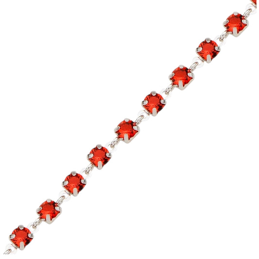 Silver bracelet with red crystals on a white background
Material: 925 sterling silver, Rhodium plated, red circle Swarovski crystals
Color: silver, red
Closure: lobster (fancy)
Measurement: 6.75" length, 1" extension, 4 mm wide 
