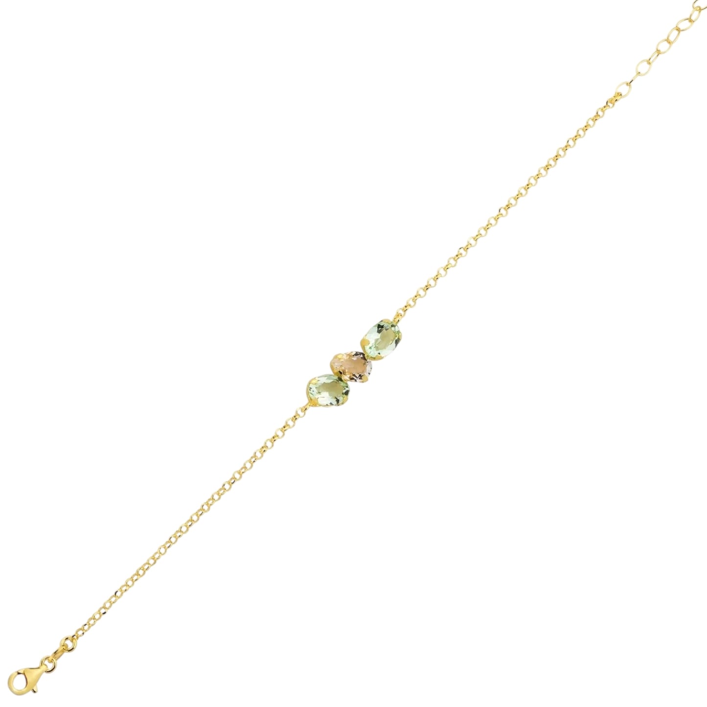 Gold bracelet with green gemstones on a white background
Material: 925 sterling silver, gold plated, light blue with white or light green with white Swarovski crystals
Color: gold, light blue with white or light green with white
Measurement: 6" length, 1" extension, 5 mm wide trio Swarovski Crystals