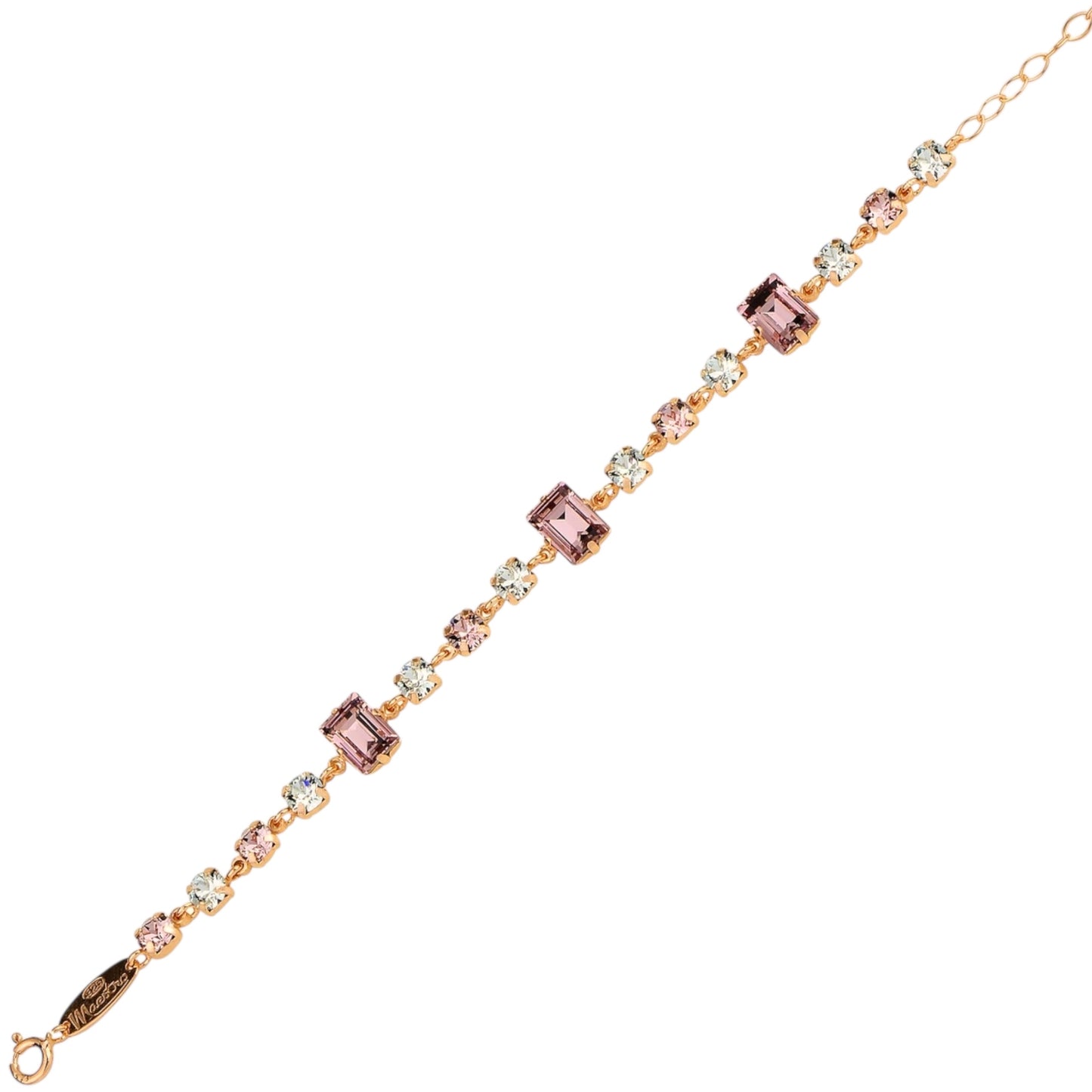 Material: 925 sterling silver, 3 light pink rectangle and light blue circle Swarovski crystals
Color: silver, pink and blue
Measurement: 6" length, 1.5" extension, 8 mm wide
