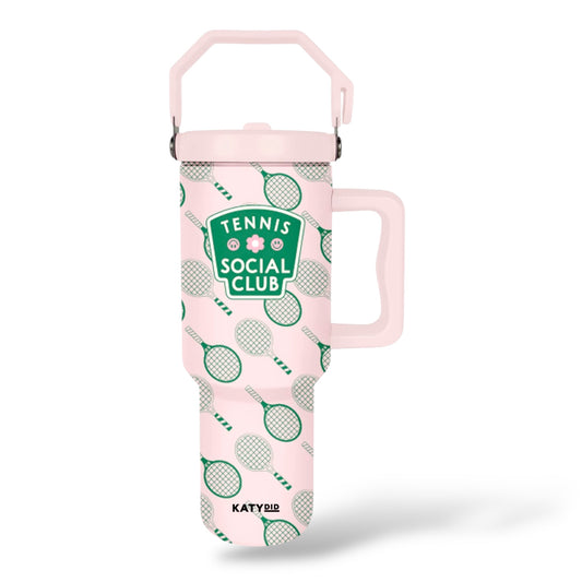 Pink and green tennis club tumbler
38 ounces
includes reusable plastic straw
all-day chill or heat