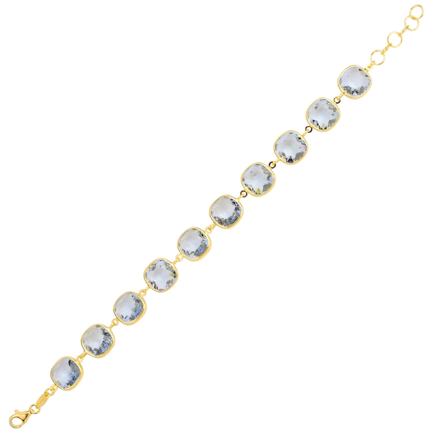 Gold bracelet with blue crystals on a white background
Material: 925 sterling silver, Rhodium plated, purple and light rose Swarovski crystals
Color: silver, purple, and light rose
Measurement: 6" length, 1" extension, 10 mm wide 