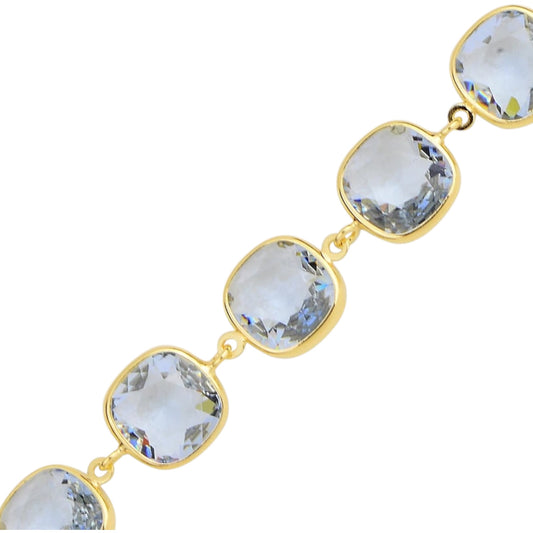 Gold bracelet with clear gemstones on a white background
Material: 925 sterling silver, Rhodium plated, purple and light rose Swarovski crystals
Color: silver, purple, and light rose
Measurement: 6" length, 1" extension, 10 mm wide 