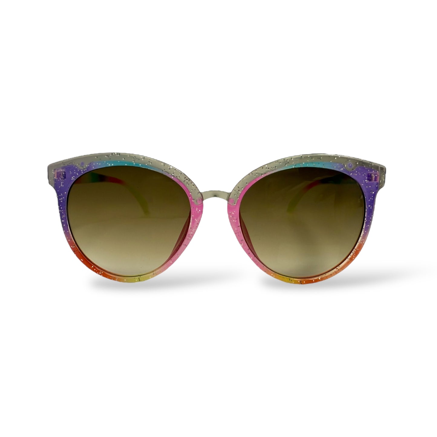 Multicolored cat-eye sunglasses on a white background
Frame style: round
Frame Color: rainbow glitter frame
Lens Color: brown gradient
Measurements: 50 mm - 10 mm - 130 mm