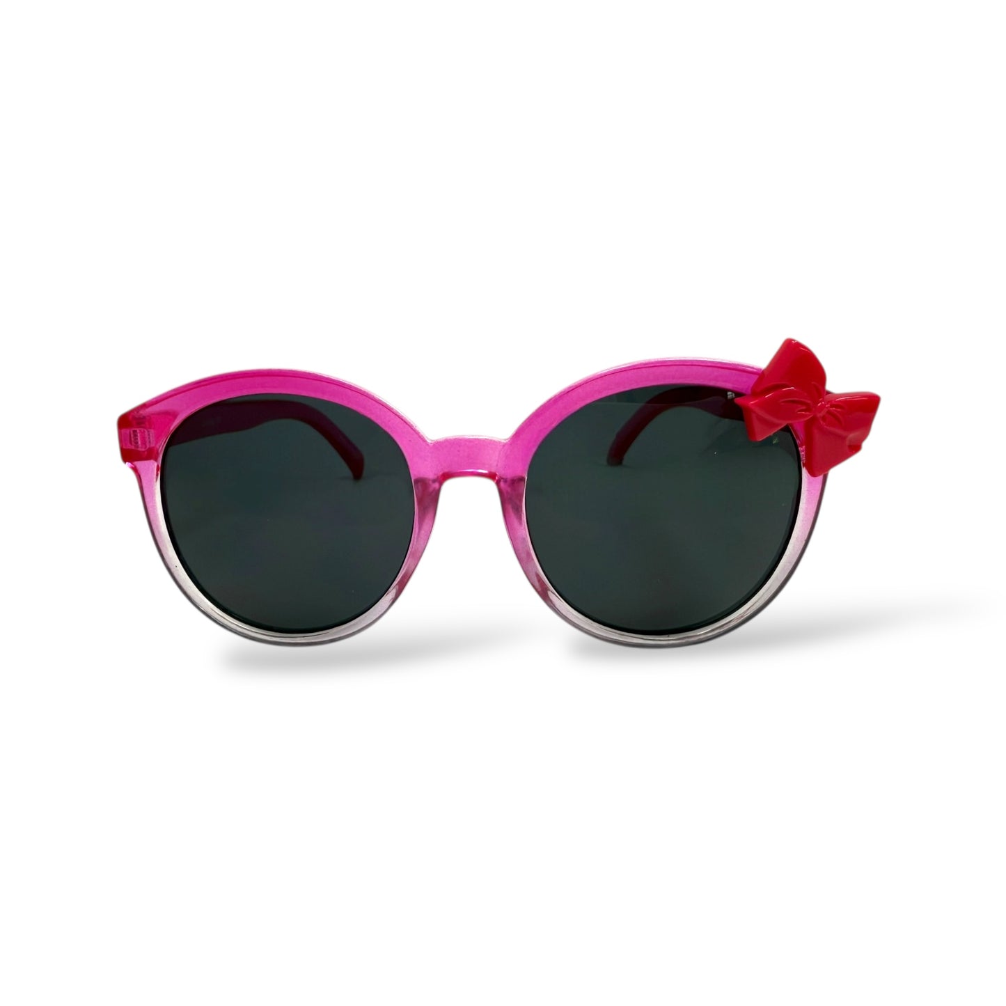 Pink sunglasses with a red bow on a white background
Frame style: round
Frame Color: neon pink gradient with bright pink bow
Lens Color: black gradient
Measurements: 47 mm - 8 mm - 120 mm