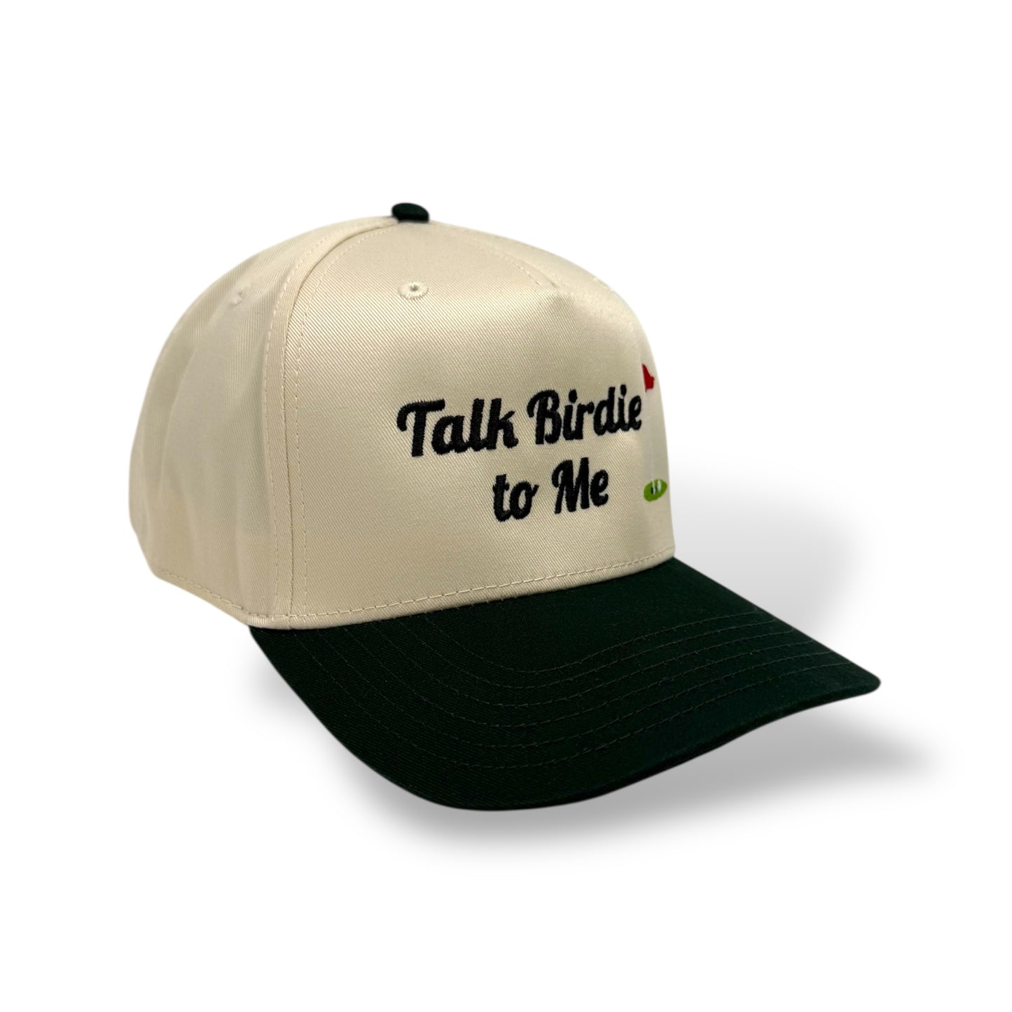 Beige and black cap with 'Talk Birdie to Me' text on a white background
Color: tan and dark green two-toned hat
Style: 5 panel structured fabric trucker hat
Closure: snapback adjustable sizing
Material: 65% polyester, 35% cotton