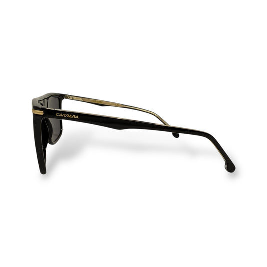 Black sunglasses with gold accents on a white background
Carerra - 278/S 02M2 IR
Frame style: square, lightweight
Frame Color: black
Lens Color: black