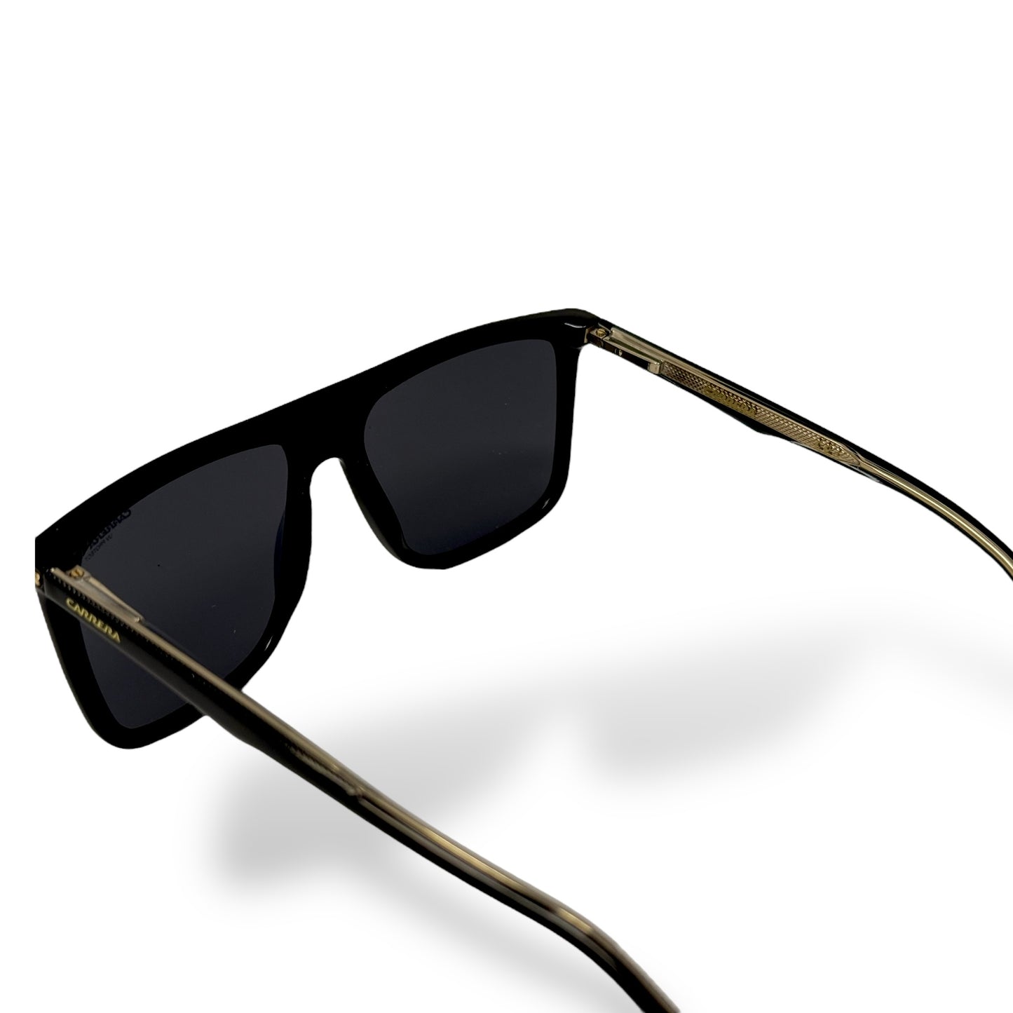 Black sunglasses with gold frame on a white background
Carerra - 278/S 02M2 IR
Frame style: square, lightweight
Frame Color: black
Lens Color: black