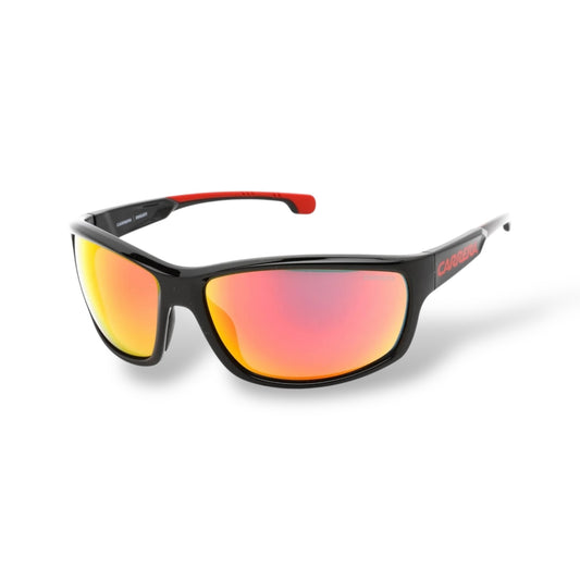 Sunglasses with black frame and red-tinted lenses on a white background
Carrera - CARDUC 002/S 0OIT UZ
Frame style: wrap around, lightweight
Frame Color: sleek black with red detailing
Lens Color: black
lens technology: 100% UVA/B sun protection