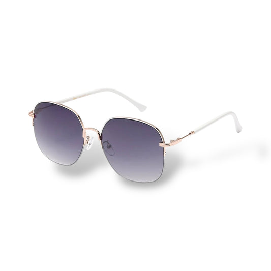 Sunglasses with gradient lenses and rose gold frame on a white background