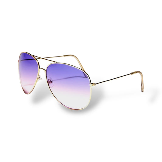 Sunglasses with purple gradient lenses and gold frame on a white background