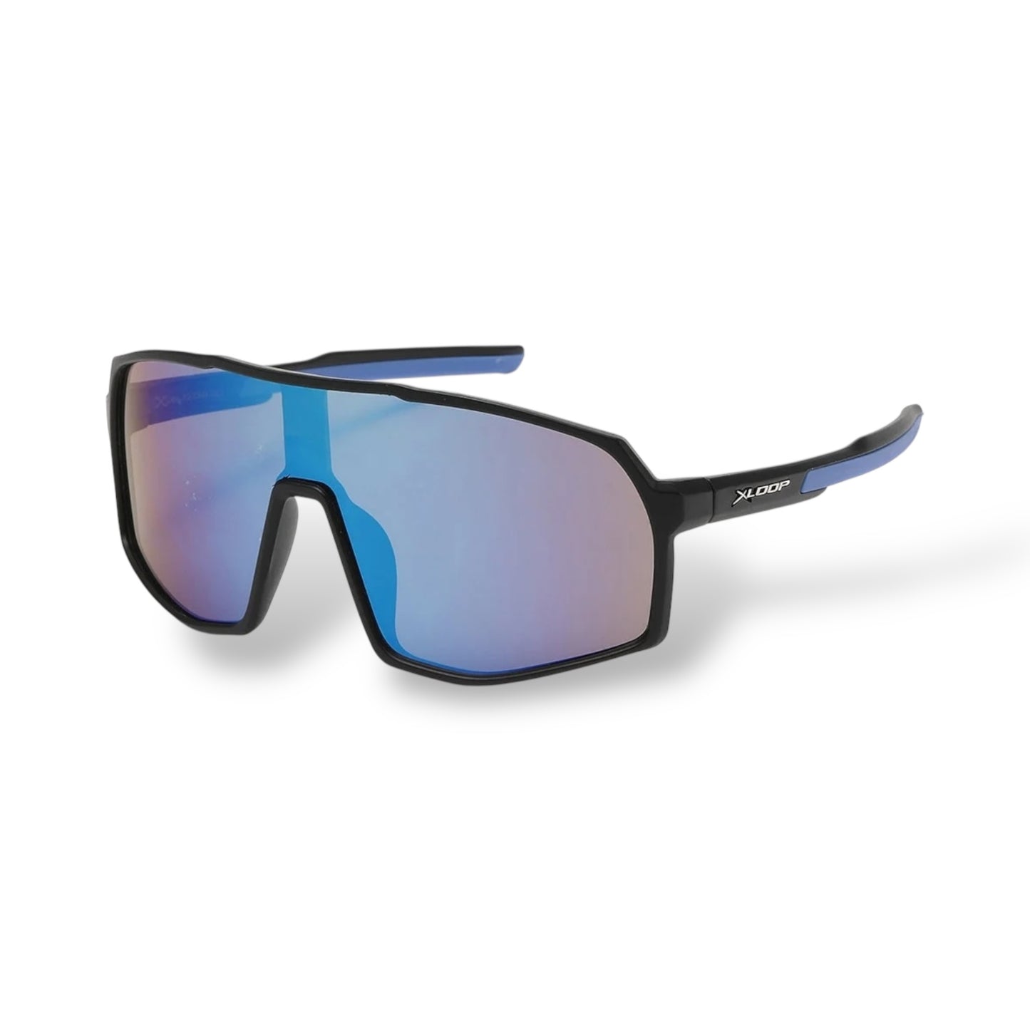 Sunglasses with blue reflective lenses on a white background