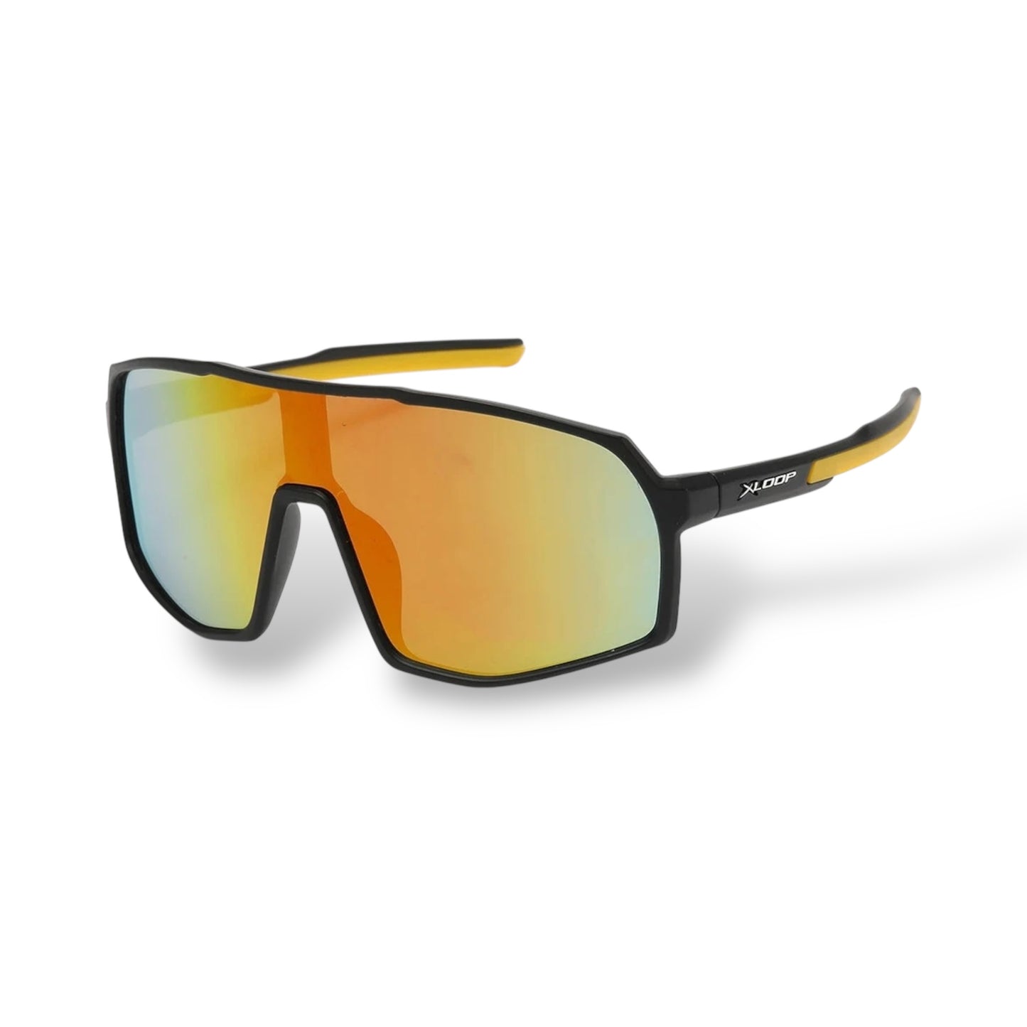 Sunglasses with orange reflective lenses and black frame on a white background