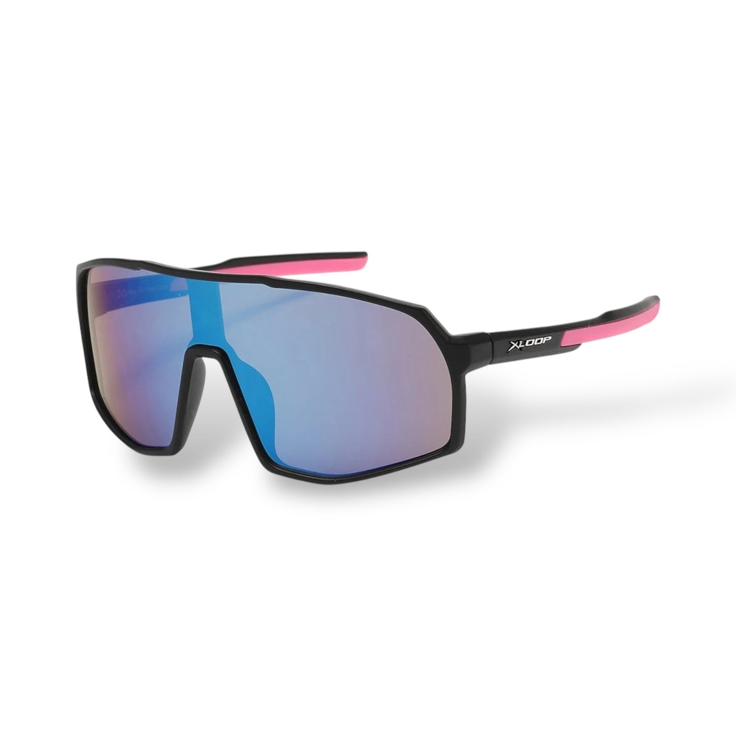 Sunglasses with black frame and pink accents on a white background