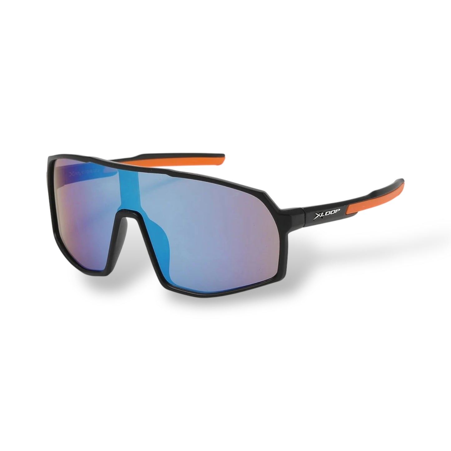 Sunglasses with blue reflective lenses and black frame on a white background