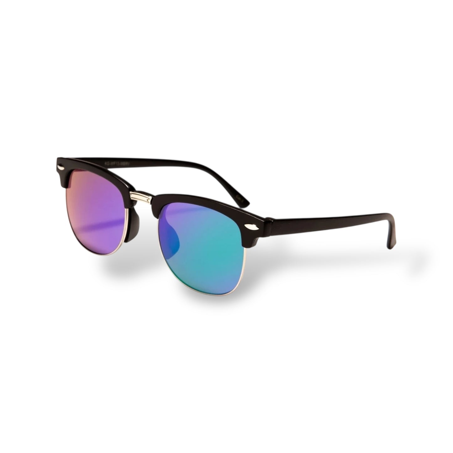 Sunglasses with black frame and multicolored lenses on a white background