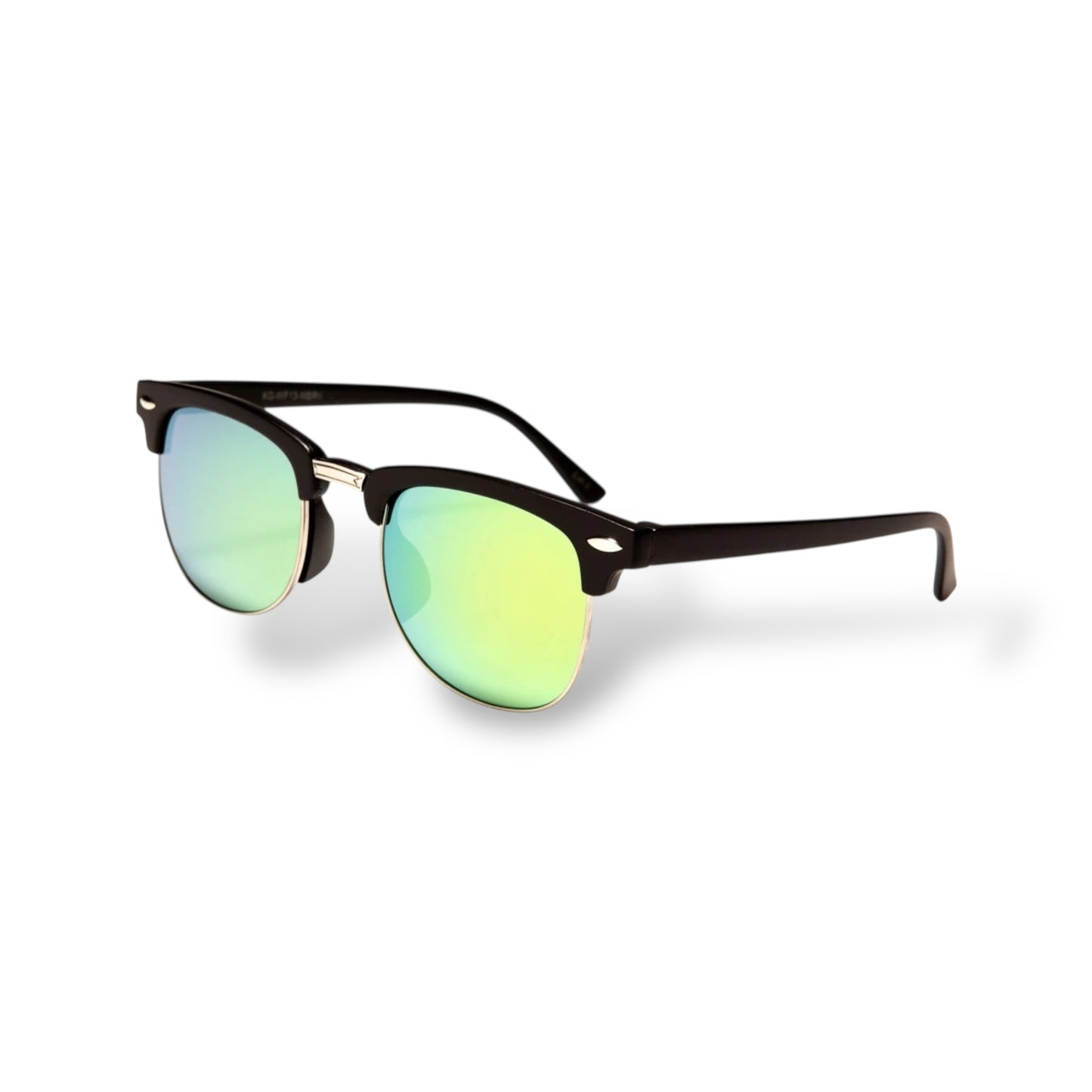 Sunglasses with green reflective lenses and black frame on a white background