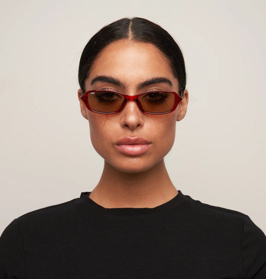 Person wearing sunglasses and a black shirt against a plain background