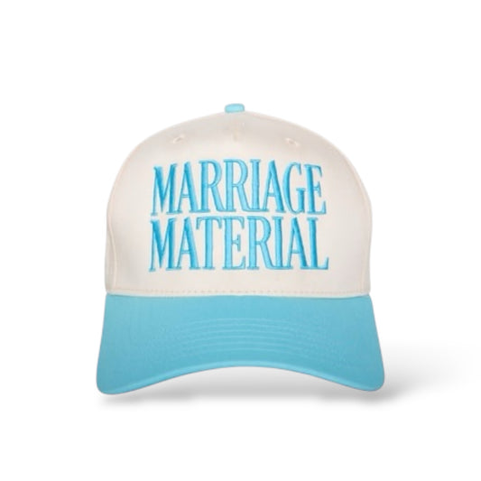 Cap with 'MARRIAGE MATERIAL' text on a white background